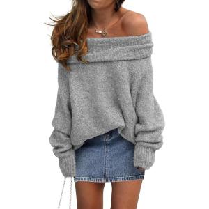 imagePRETTYGARDEN Womens Sweaters Fall Off The Shoulder Batwing Sleeve Top 2024 Outfits Loose Knitted Winter PulloverGrey