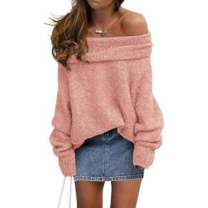 imagePRETTYGARDEN Womens Sweaters Fall Off The Shoulder Batwing Sleeve Top 2024 Outfits Loose Knitted Winter PulloverPink