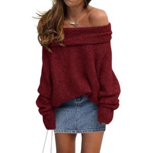 imagePRETTYGARDEN Womens Sweaters Fall Off The Shoulder Batwing Sleeve Top 2024 Outfits Loose Knitted Winter PulloverWine Red
