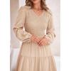 imagePRETTYGARDEN Womens Casual Smocked Midi Dress 2024 Fall Long Sleeve V Neck Tiered A Line Long Flowy DressApricot