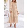 imagePRETTYGARDEN Womens Casual Smocked Midi Dress 2024 Fall Long Sleeve V Neck Tiered A Line Long Flowy DressApricot