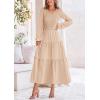 imagePRETTYGARDEN Womens Casual Smocked Midi Dress 2024 Fall Long Sleeve V Neck Tiered A Line Long Flowy DressApricot