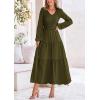 imagePRETTYGARDEN Womens Casual Smocked Midi Dress 2024 Fall Long Sleeve V Neck Tiered A Line Long Flowy DressArmy Green