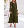 imagePRETTYGARDEN Womens Casual Smocked Midi Dress 2024 Fall Long Sleeve V Neck Tiered A Line Long Flowy DressArmy Green
