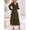 imagePRETTYGARDEN Womens Casual Smocked Midi Dress 2024 Fall Long Sleeve V Neck Tiered A Line Long Flowy DressArmy Green