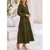 imagePRETTYGARDEN Womens Casual Smocked Midi Dress 2024 Fall Long Sleeve V Neck Tiered A Line Long Flowy DressArmy Green