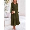 imagePRETTYGARDEN Womens Casual Smocked Midi Dress 2024 Fall Long Sleeve V Neck Tiered A Line Long Flowy DressArmy Green