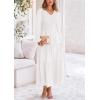 imagePRETTYGARDEN Womens Casual Smocked Midi Dress 2024 Fall Long Sleeve V Neck Tiered A Line Long Flowy DressBeige White