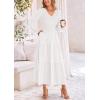 imagePRETTYGARDEN Womens Casual Smocked Midi Dress 2024 Fall Long Sleeve V Neck Tiered A Line Long Flowy DressBeige White