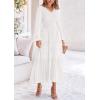 imagePRETTYGARDEN Womens Casual Smocked Midi Dress 2024 Fall Long Sleeve V Neck Tiered A Line Long Flowy DressBeige White