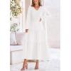 imagePRETTYGARDEN Womens Casual Smocked Midi Dress 2024 Fall Long Sleeve V Neck Tiered A Line Long Flowy DressBeige White