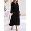 imagePRETTYGARDEN Womens Casual Smocked Midi Dress 2024 Fall Long Sleeve V Neck Tiered A Line Long Flowy DressBlack