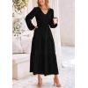 imagePRETTYGARDEN Womens Casual Smocked Midi Dress 2024 Fall Long Sleeve V Neck Tiered A Line Long Flowy DressBlack