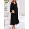 imagePRETTYGARDEN Womens Casual Smocked Midi Dress 2024 Fall Long Sleeve V Neck Tiered A Line Long Flowy DressBlack