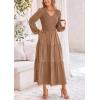 imagePRETTYGARDEN Womens Casual Smocked Midi Dress 2024 Fall Long Sleeve V Neck Tiered A Line Long Flowy DressKhaki
