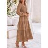 imagePRETTYGARDEN Womens Casual Smocked Midi Dress 2024 Fall Long Sleeve V Neck Tiered A Line Long Flowy DressKhaki