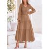imagePRETTYGARDEN Womens Casual Smocked Midi Dress 2024 Fall Long Sleeve V Neck Tiered A Line Long Flowy DressKhaki