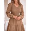 imagePRETTYGARDEN Womens Casual Smocked Midi Dress 2024 Fall Long Sleeve V Neck Tiered A Line Long Flowy DressKhaki