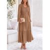 imagePRETTYGARDEN Womens Casual Smocked Midi Dress 2024 Fall Long Sleeve V Neck Tiered A Line Long Flowy DressKhaki
