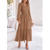imagePRETTYGARDEN Womens Casual Smocked Midi Dress 2024 Fall Long Sleeve V Neck Tiered A Line Long Flowy DressKhaki