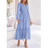 imagePRETTYGARDEN Womens Casual Smocked Midi Dress 2024 Fall Long Sleeve V Neck Tiered A Line Long Flowy DressLight Blue