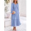 imagePRETTYGARDEN Womens Casual Smocked Midi Dress 2024 Fall Long Sleeve V Neck Tiered A Line Long Flowy DressLight Blue
