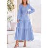 imagePRETTYGARDEN Womens Casual Smocked Midi Dress 2024 Fall Long Sleeve V Neck Tiered A Line Long Flowy DressLight Blue