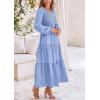 imagePRETTYGARDEN Womens Casual Smocked Midi Dress 2024 Fall Long Sleeve V Neck Tiered A Line Long Flowy DressLight Blue