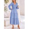 imagePRETTYGARDEN Womens Casual Smocked Midi Dress 2024 Fall Long Sleeve V Neck Tiered A Line Long Flowy DressLight Blue