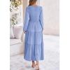 imagePRETTYGARDEN Womens Casual Smocked Midi Dress 2024 Fall Long Sleeve V Neck Tiered A Line Long Flowy DressLight Blue
