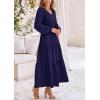 imagePRETTYGARDEN Womens Casual Smocked Midi Dress 2024 Fall Long Sleeve V Neck Tiered A Line Long Flowy DressNavy