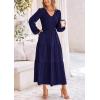 imagePRETTYGARDEN Womens Casual Smocked Midi Dress 2024 Fall Long Sleeve V Neck Tiered A Line Long Flowy DressNavy