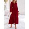 imagePRETTYGARDEN Womens Casual Smocked Midi Dress 2024 Fall Long Sleeve V Neck Tiered A Line Long Flowy DressWine Red