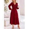 imagePRETTYGARDEN Womens Casual Smocked Midi Dress 2024 Fall Long Sleeve V Neck Tiered A Line Long Flowy DressWine Red