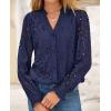 imagePRETTYGARDEN Womens Eyelet Tops Fall Outfits 2024 Dressy Casual Lace Blouses Long Sleeve Button V Neck ShirtsNavy