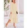imagePRETTYGARDEN Womens Maxi Boho Dress Casual Long Sleeve Tiered Ruffle Flowy Swiss Dot Smocked Dresses with PocketsBeige