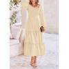 imagePRETTYGARDEN Womens Maxi Boho Dress Casual Long Sleeve Tiered Ruffle Flowy Swiss Dot Smocked Dresses with PocketsBeige