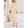 imagePRETTYGARDEN Womens Maxi Boho Dress Casual Long Sleeve Tiered Ruffle Flowy Swiss Dot Smocked Dresses with PocketsBeige
