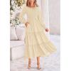 imagePRETTYGARDEN Womens Maxi Boho Dress Casual Long Sleeve Tiered Ruffle Flowy Swiss Dot Smocked Dresses with PocketsBeige