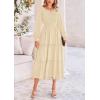 imagePRETTYGARDEN Womens Maxi Boho Dress Casual Long Sleeve Tiered Ruffle Flowy Swiss Dot Smocked Dresses with PocketsBeige