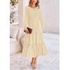 imagePRETTYGARDEN Womens Maxi Boho Dress Casual Long Sleeve Tiered Ruffle Flowy Swiss Dot Smocked Dresses with PocketsBeige