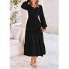 imagePRETTYGARDEN Womens Maxi Boho Dress Casual Long Sleeve Tiered Ruffle Flowy Swiss Dot Smocked Dresses with PocketsBlack