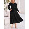 imagePRETTYGARDEN Womens Maxi Boho Dress Casual Long Sleeve Tiered Ruffle Flowy Swiss Dot Smocked Dresses with PocketsBlack