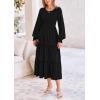 imagePRETTYGARDEN Womens Maxi Boho Dress Casual Long Sleeve Tiered Ruffle Flowy Swiss Dot Smocked Dresses with PocketsBlack