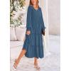 imagePRETTYGARDEN Womens Maxi Boho Dress Casual Long Sleeve Tiered Ruffle Flowy Swiss Dot Smocked Dresses with PocketsDark Blue