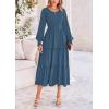 imagePRETTYGARDEN Womens Maxi Boho Dress Casual Long Sleeve Tiered Ruffle Flowy Swiss Dot Smocked Dresses with PocketsDark Blue