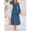 imagePRETTYGARDEN Womens Maxi Boho Dress Casual Long Sleeve Tiered Ruffle Flowy Swiss Dot Smocked Dresses with PocketsDark Blue