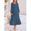 imagePRETTYGARDEN Womens Maxi Boho Dress Casual Long Sleeve Tiered Ruffle Flowy Swiss Dot Smocked Dresses with PocketsDark Blue