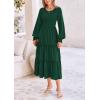 imagePRETTYGARDEN Womens Maxi Boho Dress Casual Long Sleeve Tiered Ruffle Flowy Swiss Dot Smocked Dresses with PocketsDark Green