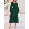 imagePRETTYGARDEN Womens Maxi Boho Dress Casual Long Sleeve Tiered Ruffle Flowy Swiss Dot Smocked Dresses with PocketsDark Green
